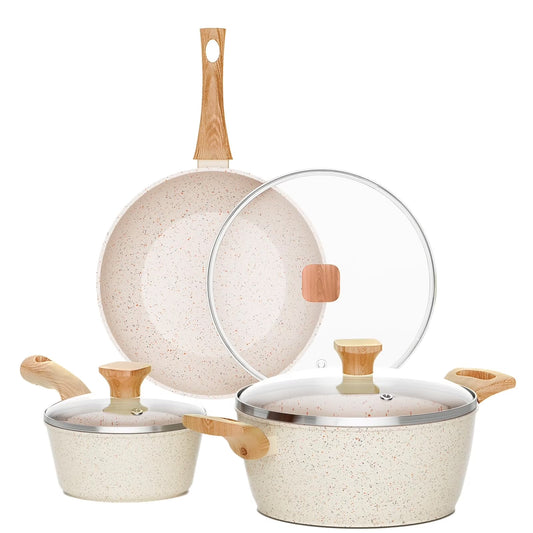 6 Pcs Nonstick Frying Pan Set White with Lids Granite Cookware Healthy Cookware Induction Skillet