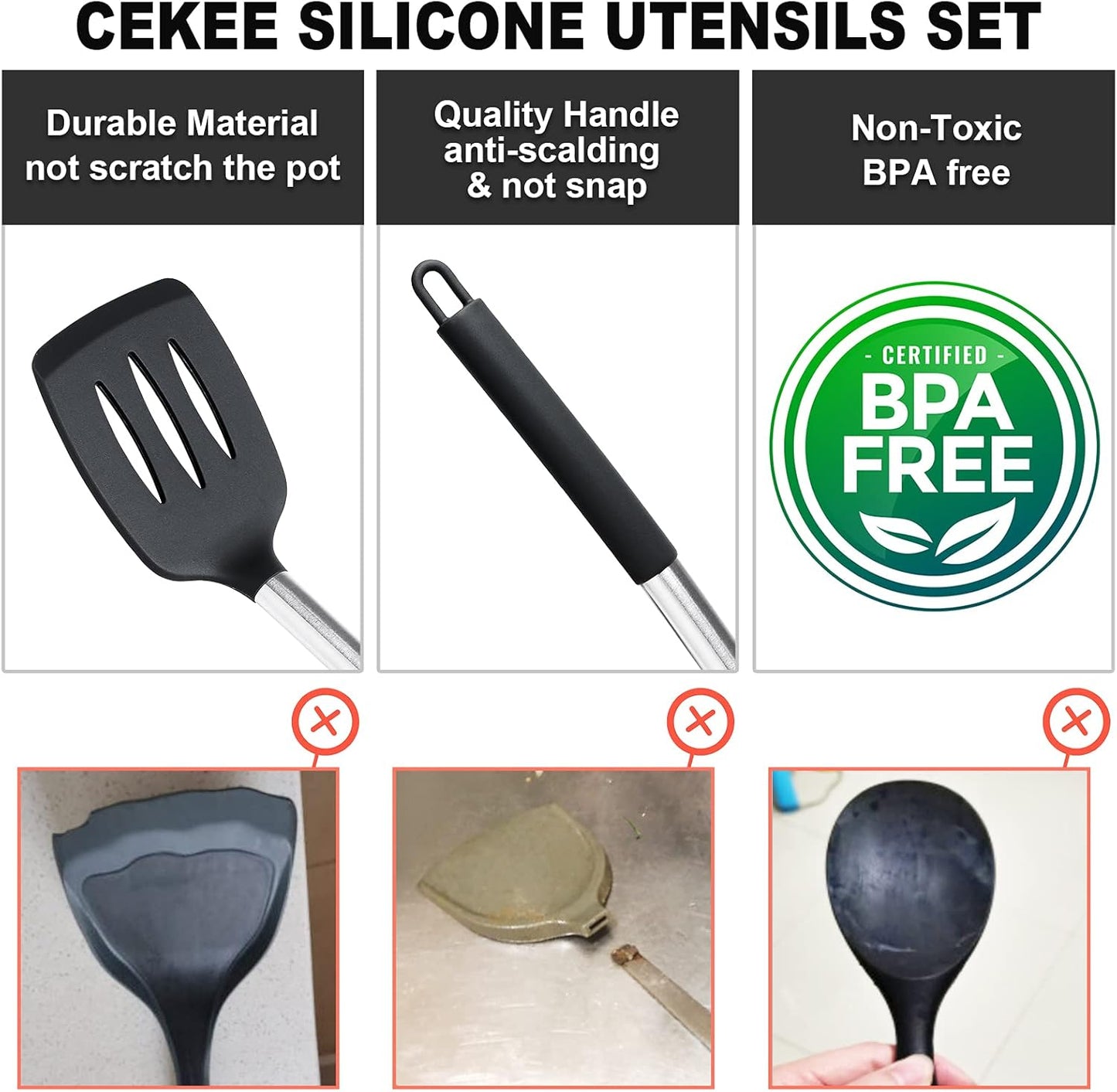 43 Pcs Silicone Kitchen Cooking Utensils Set, Heat-Resistant Kitchen Utensil Set with Holder, Nonstick Cookware Set with Stainless Steel Handle, Kitchen Spatula Gadgets BPA Free (Black)