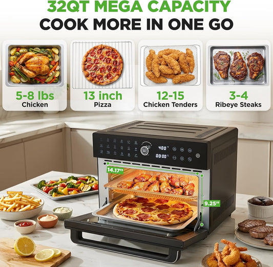 32 Quart Air Fryer & Oven | Digital Airfryer with 20 Presets, Dual Cook, Rotisserie, Bake & More | Multi-Function Convection Countertop Oven | Large Capacity | 18" X 17" X 14 | Black