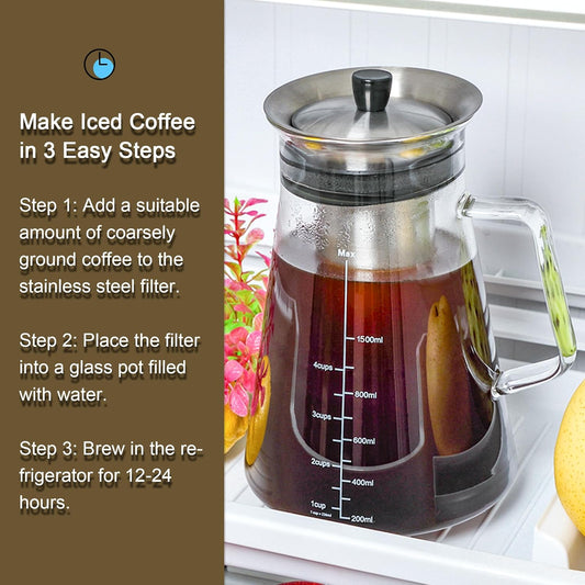 Airtight Cold Brew Coffee (Iced Tea) Maker 51Oz/1.5L, Bpa-Free, Durable Borosilicate Glass Pitcher and Stainless Steel Fine-Mesh Filter, Dishwasher Safe, Spill-Proof, 6 Cups Capacity