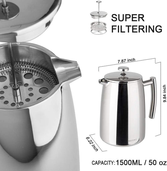 French Press Coffee Maker, 50-Ounce, 304 Stainless Steel Insulated Coffee Press with Extra Screen