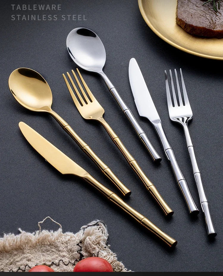 Creative Cutlery with Bamboo Handle,304 Stainless Steel Western Tableware,Steak Forks Spoon Dinnerware Flatware Dishwasher Safe