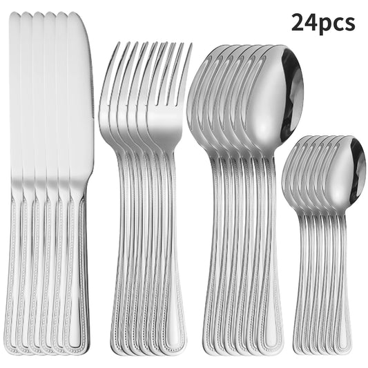 4/6/16/24pcs Stainless steel silver cutlery including steak knife, fork and spoon, family hotel restaurant western cutlery