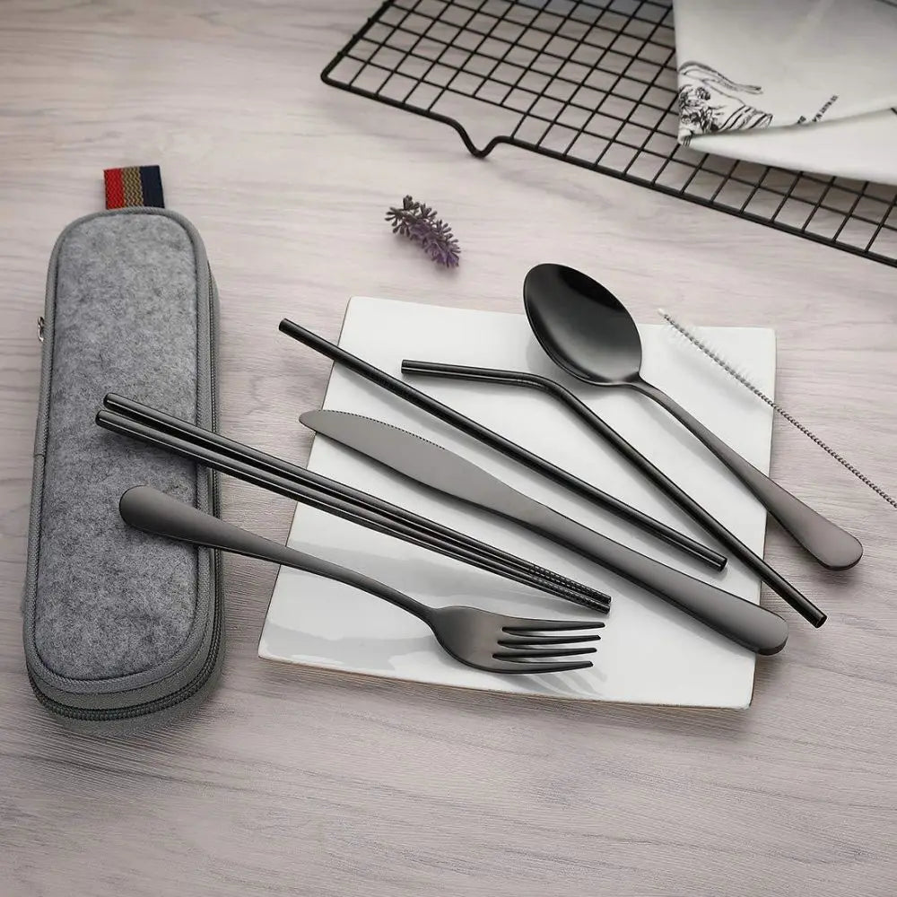 Stainless Steel Cutlery Portable 7 Piece Set Creative Knife Fork Spoon Chopsticks Travel Portable Straw Combo Set
