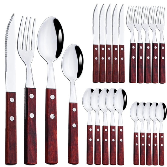24Pcs Cutlery Wooden Handle Cutlery Set Stainless Steel Tableware Knife Fork Tea Spoon Silverware Western Flatware