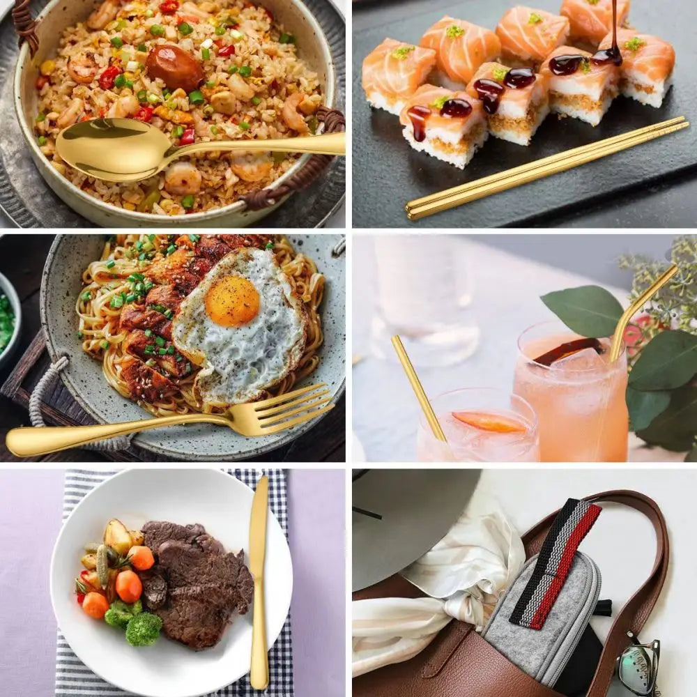 Stainless Steel Cutlery Portable 7 Piece Set Creative Knife Fork Spoon Chopsticks Travel Portable Straw Combo Set