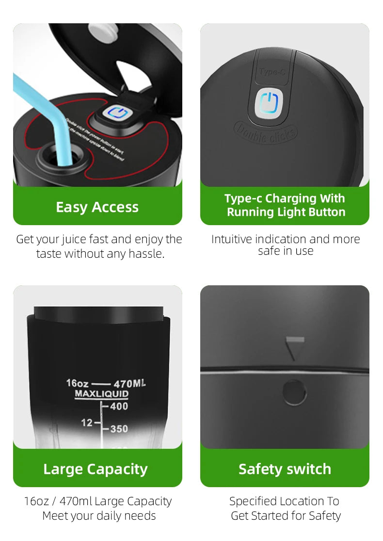 Electric Portable Blender USB Rechargeable Portable Juicer Blades for Shakes Smoothies 470ML Multifunctional Fresh juice Machine