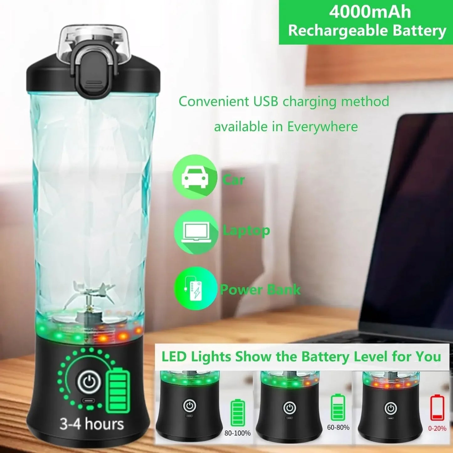 Portable Blender Personal Juicer - Kitchen 20oz USB Rechargeable 4000mAh Large Battery With 6 Blades for Smoothies Shakes Baby
