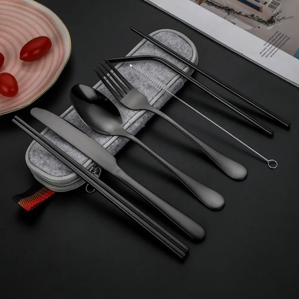 Stainless Steel Cutlery Portable 7 Piece Set Creative Knife Fork Spoon Chopsticks Travel Portable Straw Combo Set
