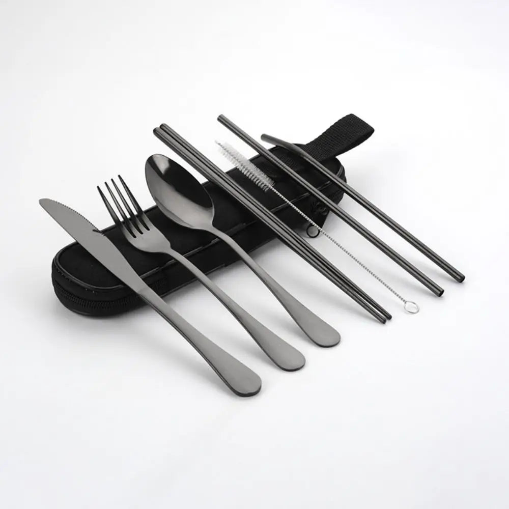 Stainless Steel Cutlery Portable 7 Piece Set Creative Knife Fork Spoon Chopsticks Travel Portable Straw Combo Set
