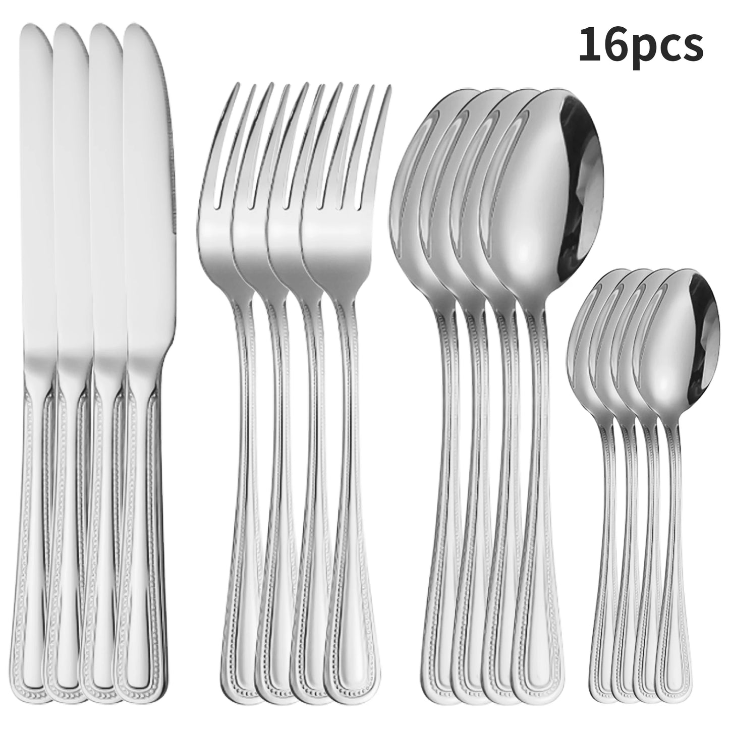 4/6/16/24pcs Stainless steel silver cutlery including steak knife, fork and spoon, family hotel restaurant western cutlery