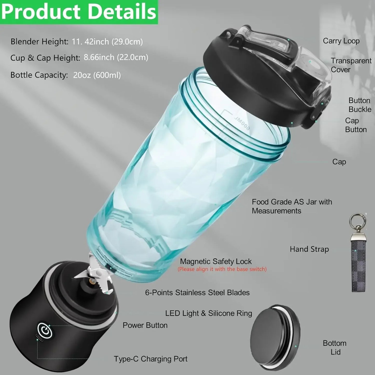 Portable Blender Personal Juicer - Kitchen 20oz USB Rechargeable 4000mAh Large Battery With 6 Blades for Smoothies Shakes Baby