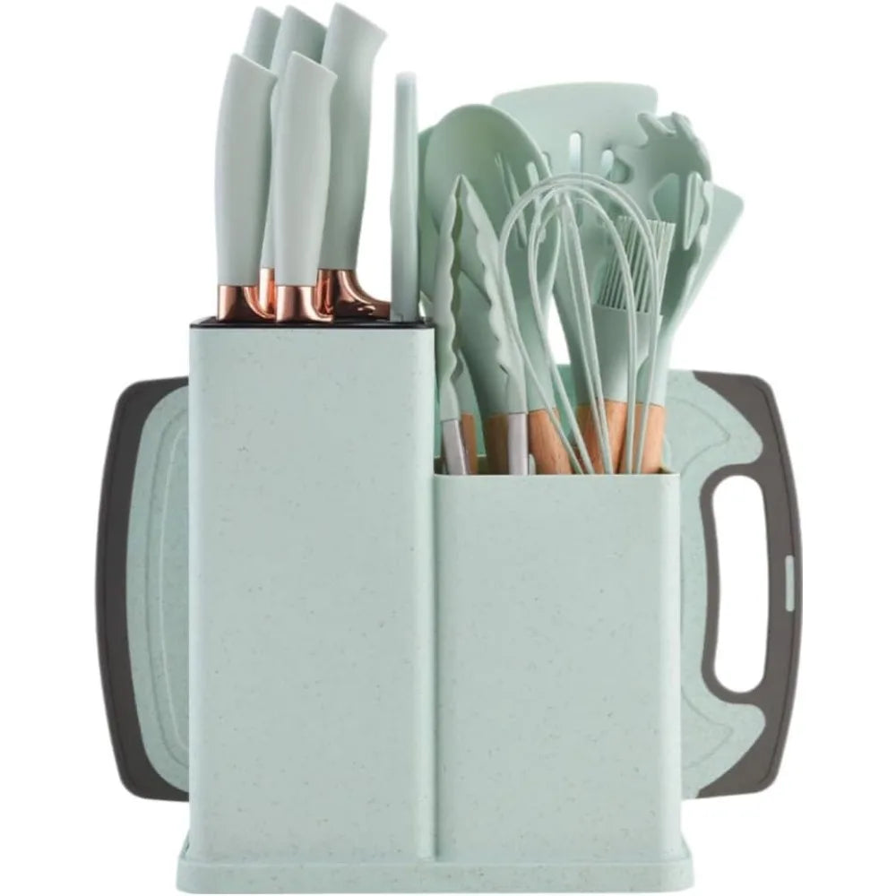 19 Piece Black Cutlery Set; Cooking Spatula Spoon Kitchenware with Storage Bucket Knife Set; Non-Stick Cookware