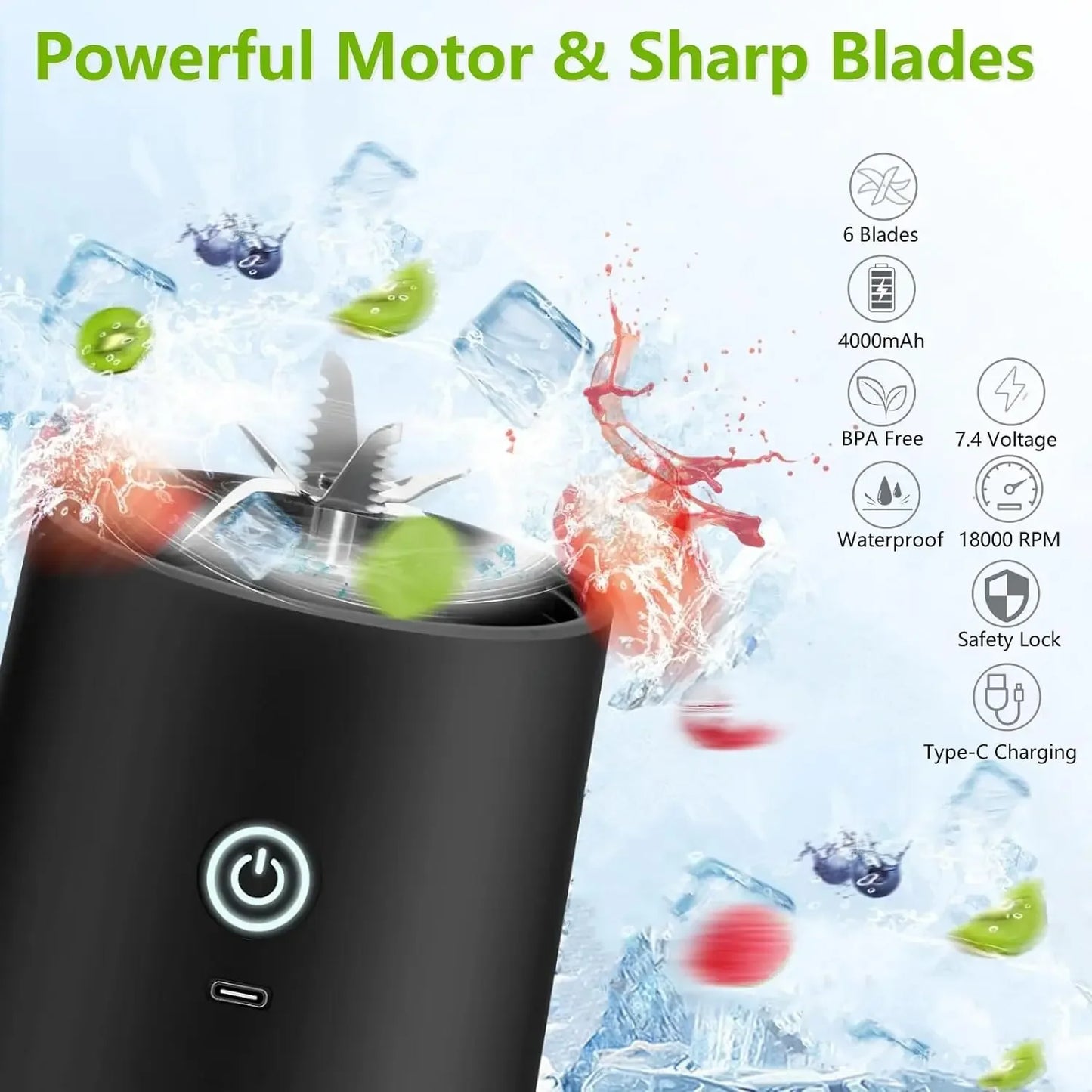 Portable Blender Personal Juicer - Kitchen 20oz USB Rechargeable 4000mAh Large Battery With 6 Blades for Smoothies Shakes Baby