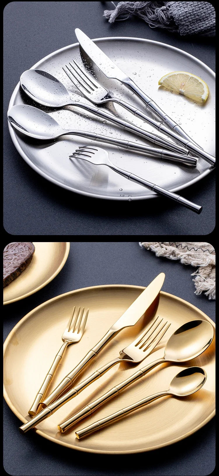 Creative Cutlery with Bamboo Handle,304 Stainless Steel Western Tableware,Steak Forks Spoon Dinnerware Flatware Dishwasher Safe