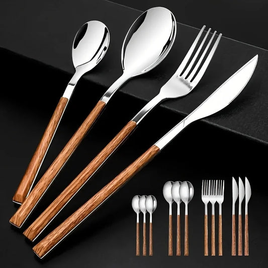 12 Piece Stainless Steel Cutlery Set with Wooden Handles - Includes Knife, Fork, Spoon and Coffee Spoon - Dishwasher Safe