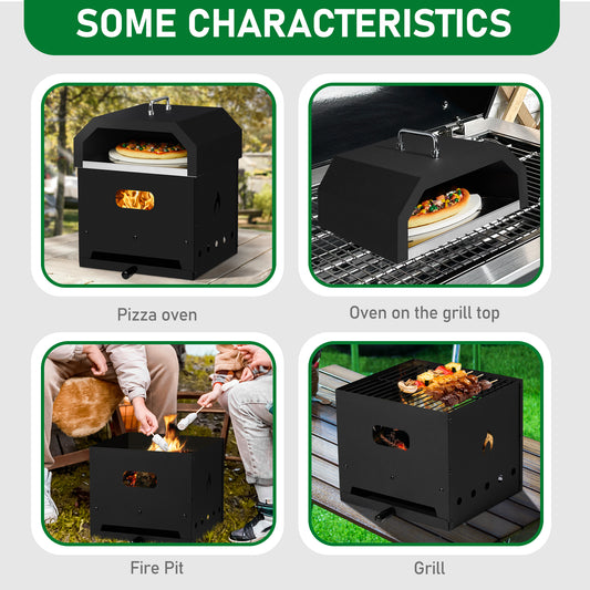 Black, Square Pizza Oven with Handle, Iron Charcoal Oven