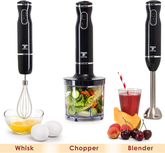 Electric Hand Blender Set, 300W Immersion Hand Blender with Whisk and Chopper, Stainless Steel Shaft and Blades, 2-Speed Handheld Mixer with Ergonomic Grip, Black