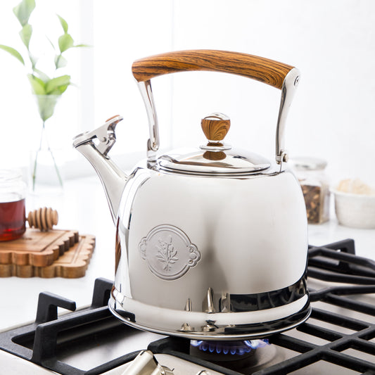 1.8 Qt Stainless Steel Stovetop Whistling Tea Kettle Pot with Folding Handle, Silver