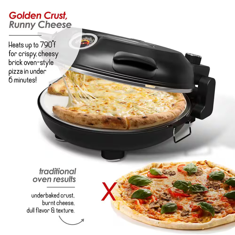 12 In. Black Countertop Indoor Grill Oven Electric Stone Pizza Oven Maker with 2 Pizza Peals, Scraper, Cutter, Cookbook