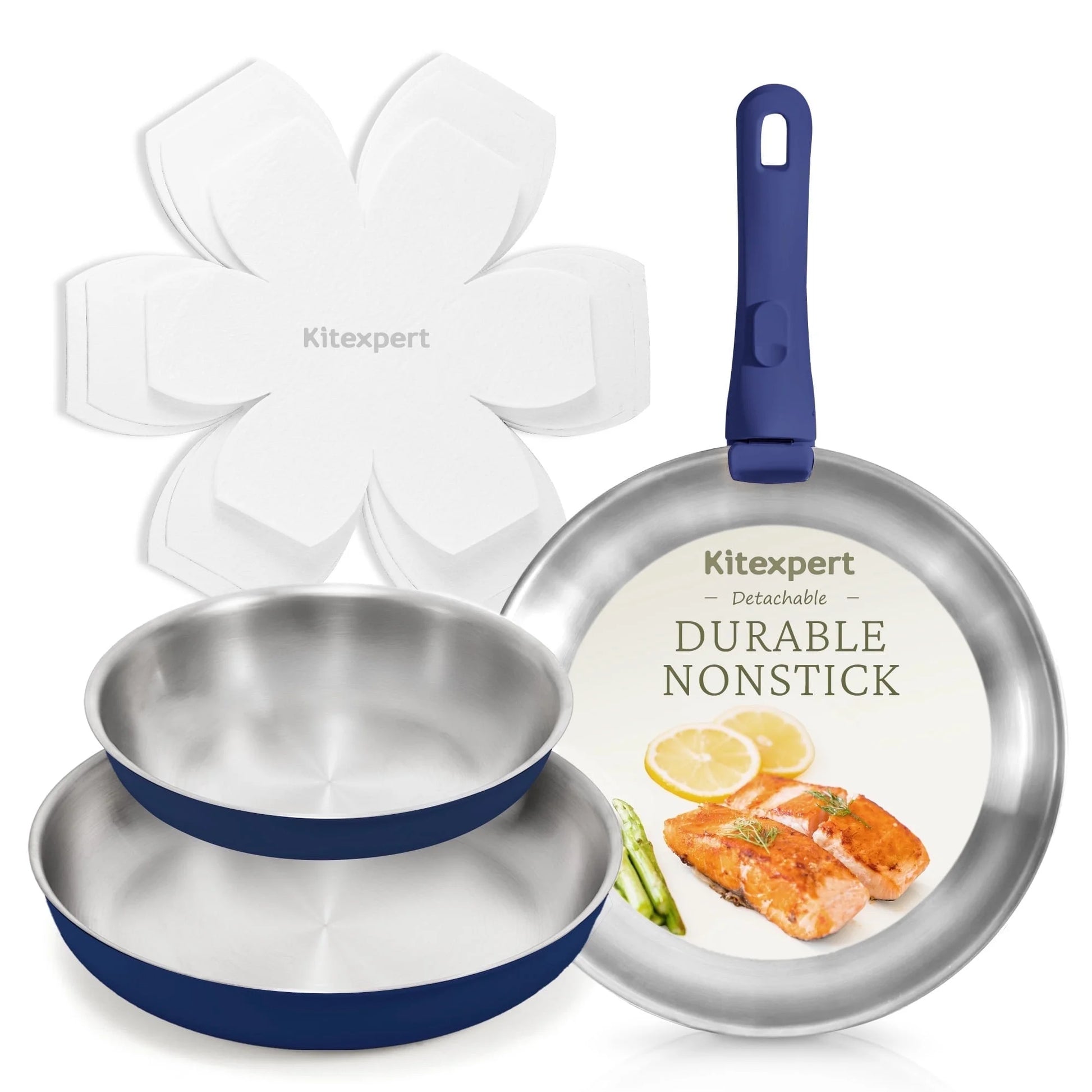 Non Toxic Stainless Steel Frying Pan Set (8",10",12"), Tri-Ply Nonstick Skillet Pans with Removable Handles, Dishwasher & Oven Safe, All Stovetops Compatible, Blue