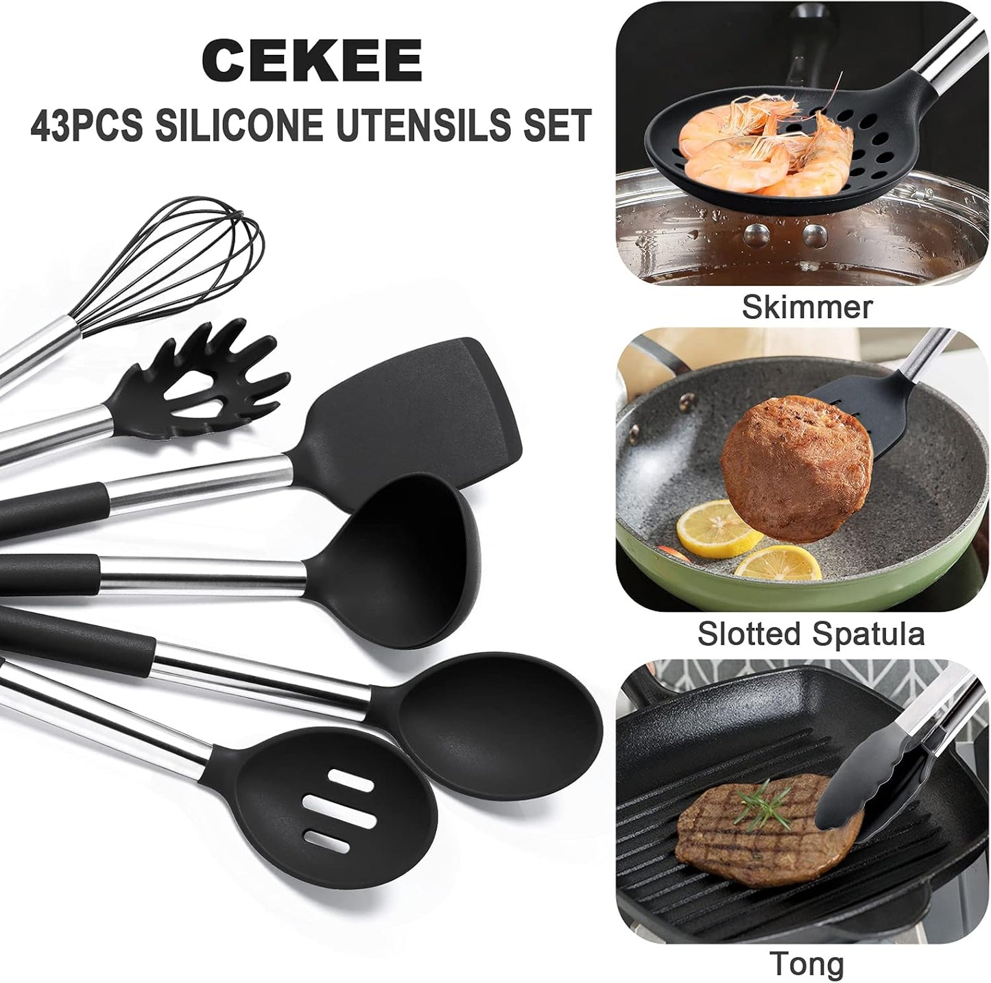 43 Pcs Silicone Kitchen Cooking Utensils Set,  Heat-Resistant Kitchen Utensil Set with Holder, Nonstick Cookware Set with Stainless Steel Handle, Kitchen Spatula Gadgets BPA Free (Black)