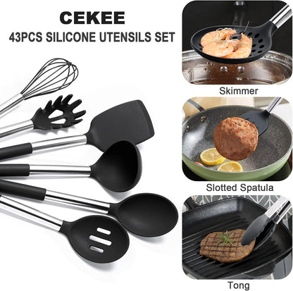 43 Pcs Silicone Kitchen Cooking Utensils Set,  Heat-Resistant Kitchen Utensil Set with Holder, Nonstick Cookware Set with Stainless Steel Handle, Kitchen Spatula Gadgets BPA Free (Black)