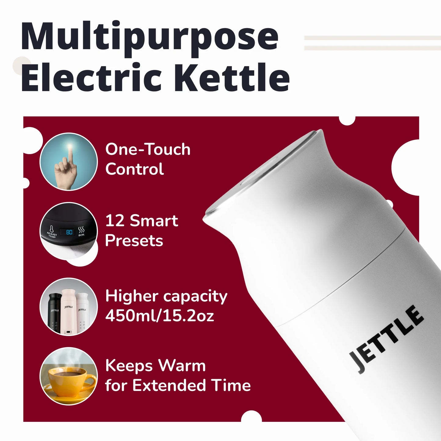 Travel Electric Kettle 450Ml - Portable Bottle-Style Water Heater with Temperature Control & Auto Shut-Off - Stainless Steel for Tea, Coffee & Soup - White