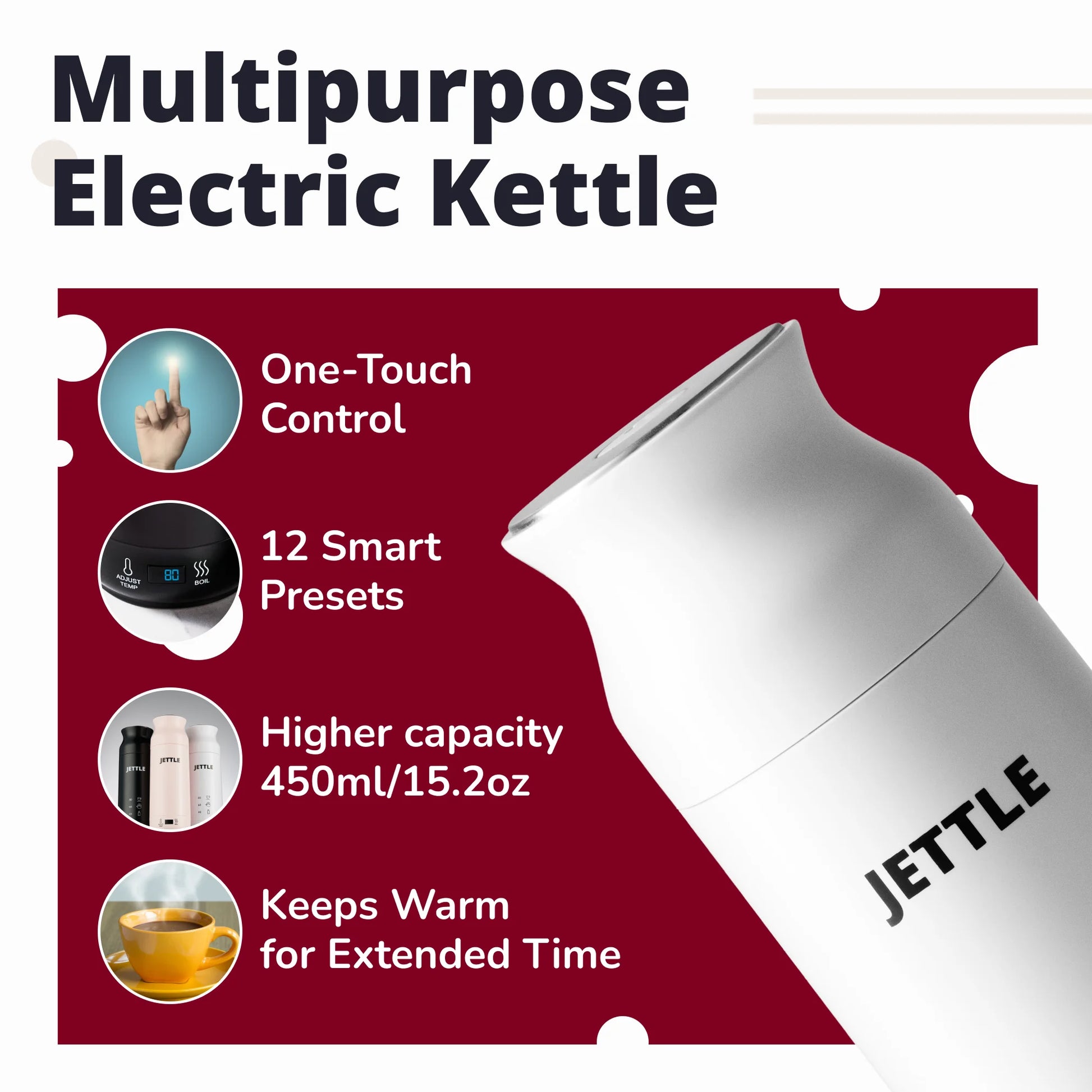 Travel Electric Kettle 450Ml - Portable Bottle-Style Water Heater with Temperature Control & Auto Shut-Off - Stainless Steel for Tea, Coffee & Soup - White