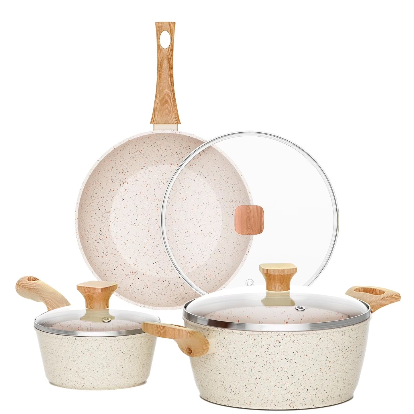 6 Pcs Nonstick Frying Pan Set White with Lids Granite Cookware Healthy Cookware Induction Skillet