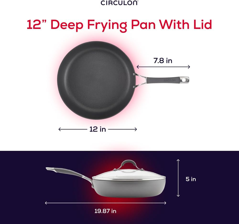 Radiance Hard Anodized Nonstick Deep Frying Pan with Lid, 12 Inch Frying Pan with Lid, Deep Skillet, Gray