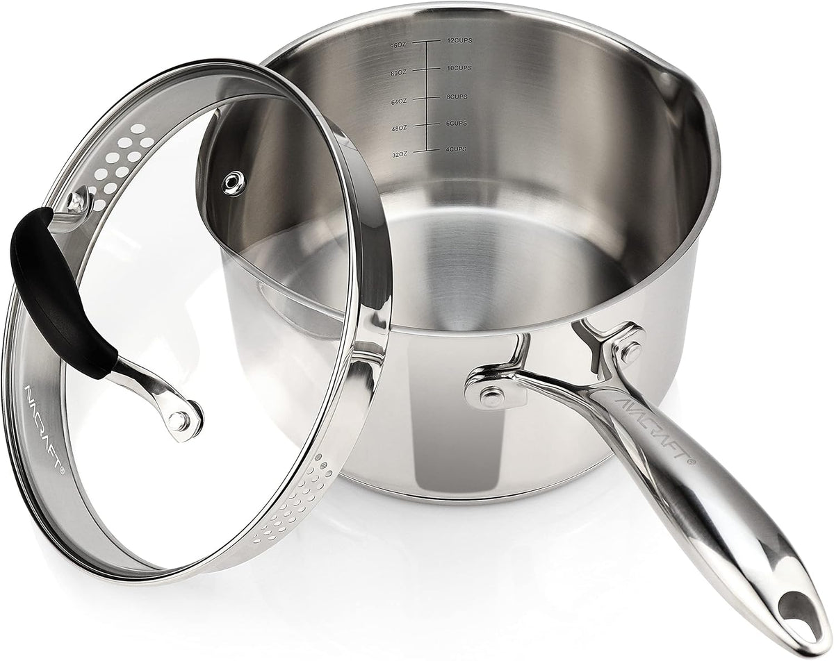 3.5 Quart Stainless Steel Saucepan with Glass Strainer Lid