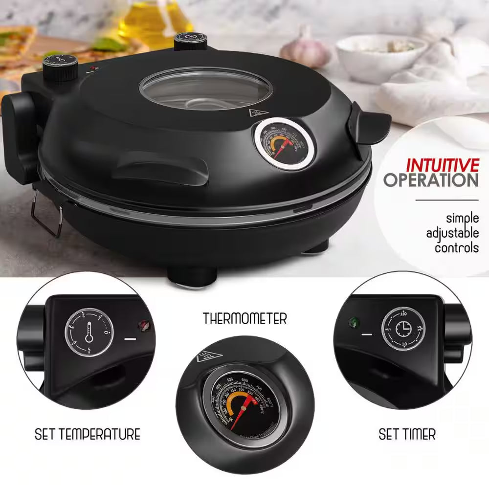 12 In. Black Countertop Indoor Grill Oven Electric Stone Pizza Oven Maker with 2 Pizza Peals, Scraper, Cutter, Cookbook