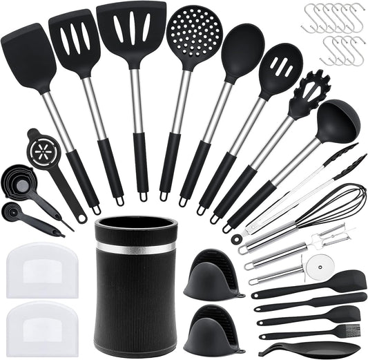 43 Pcs Silicone Kitchen Cooking Utensils Set,  Heat-Resistant Kitchen Utensil Set with Holder, Nonstick Cookware Set with Stainless Steel Handle, Kitchen Spatula Gadgets BPA Free (Black)