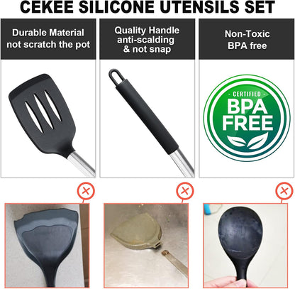 43 Pcs Silicone Kitchen Cooking Utensils Set,  Heat-Resistant Kitchen Utensil Set with Holder, Nonstick Cookware Set with Stainless Steel Handle, Kitchen Spatula Gadgets BPA Free (Black)