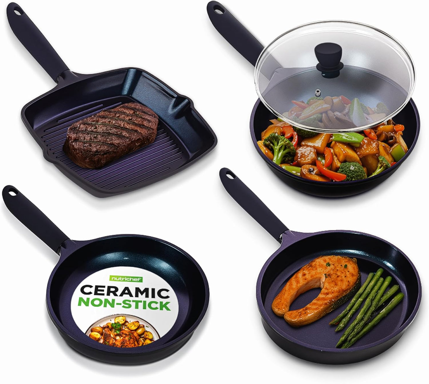 Non Stick Frying Pans Set, 5-Piece Blue Diamond Ceramic Cookware with Lid, Nonstick Frying Pan for Gas, Electric, Ceramic & Induction Cooktops, PTFE/PFOA Free, Bakelite Soft-Touch Handles