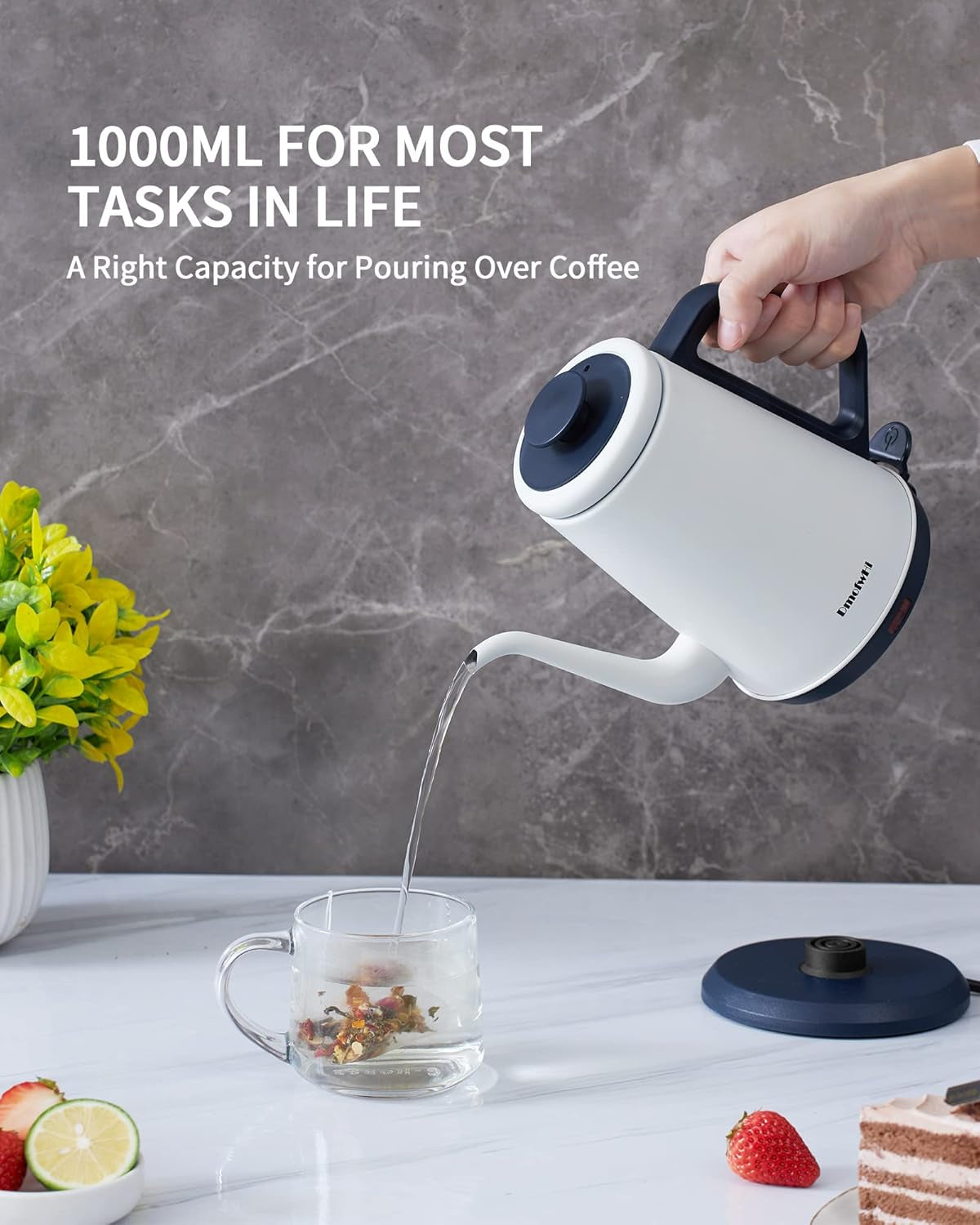 Gooseneck Electric Kettle(1.0L),1000W Electric Tea Kettle of 304 Stainless Steel,Auto Shut Off,Coffee Kettle for Pour over and Tea -White