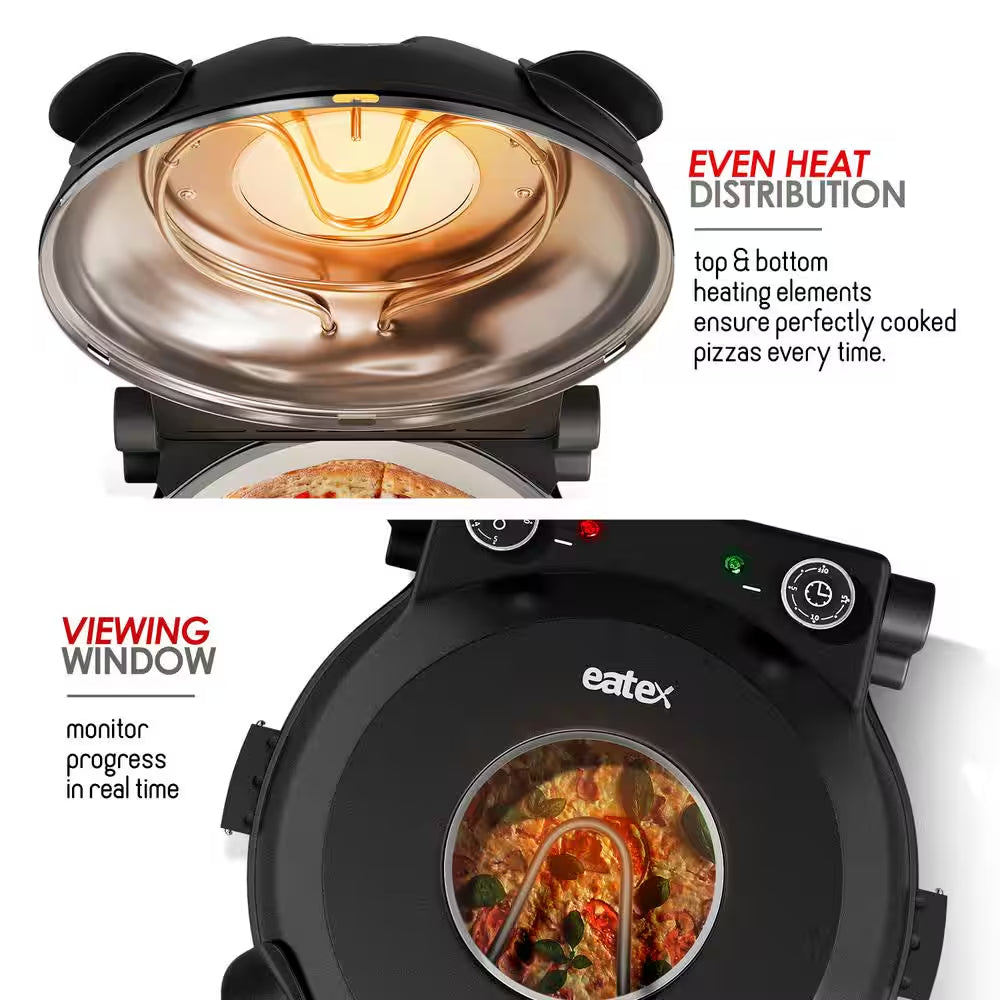 12 In. Black Countertop Indoor Grill Oven Electric Stone Pizza Oven Maker with 2 Pizza Peals, Scraper, Cutter, Cookbook