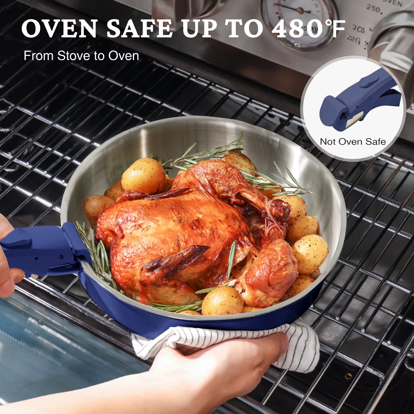 Non Toxic Stainless Steel Frying Pan Set (8",10",12"), Tri-Ply Nonstick Skillet Pans with Removable Handles, Dishwasher & Oven Safe, All Stovetops Compatible, Blue