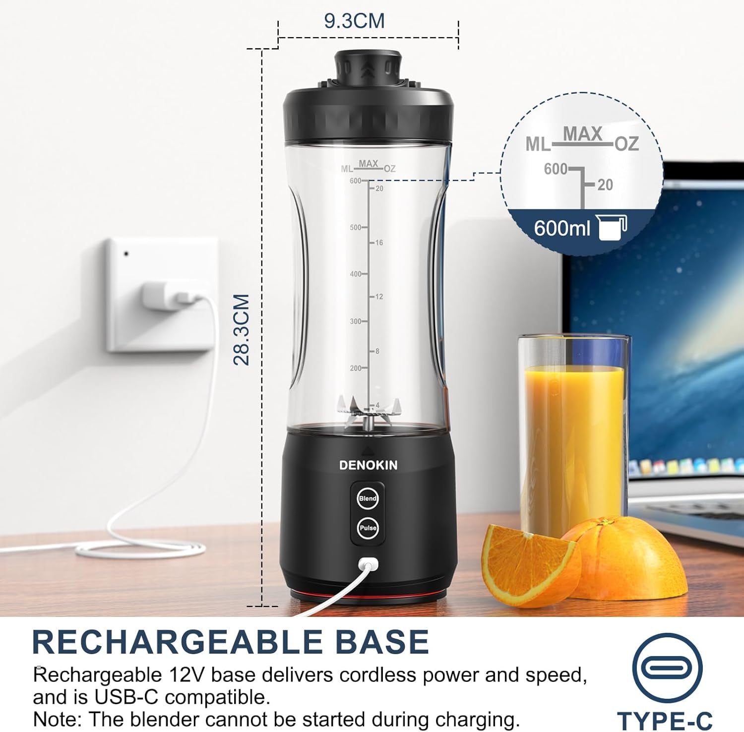 Portable Blender Cordless, 20Oz Vessel Personal Blender for Shakes & Smoothies with on Go Lid & Sip Lid, Small Mixer for Kitchen, Home, Travel