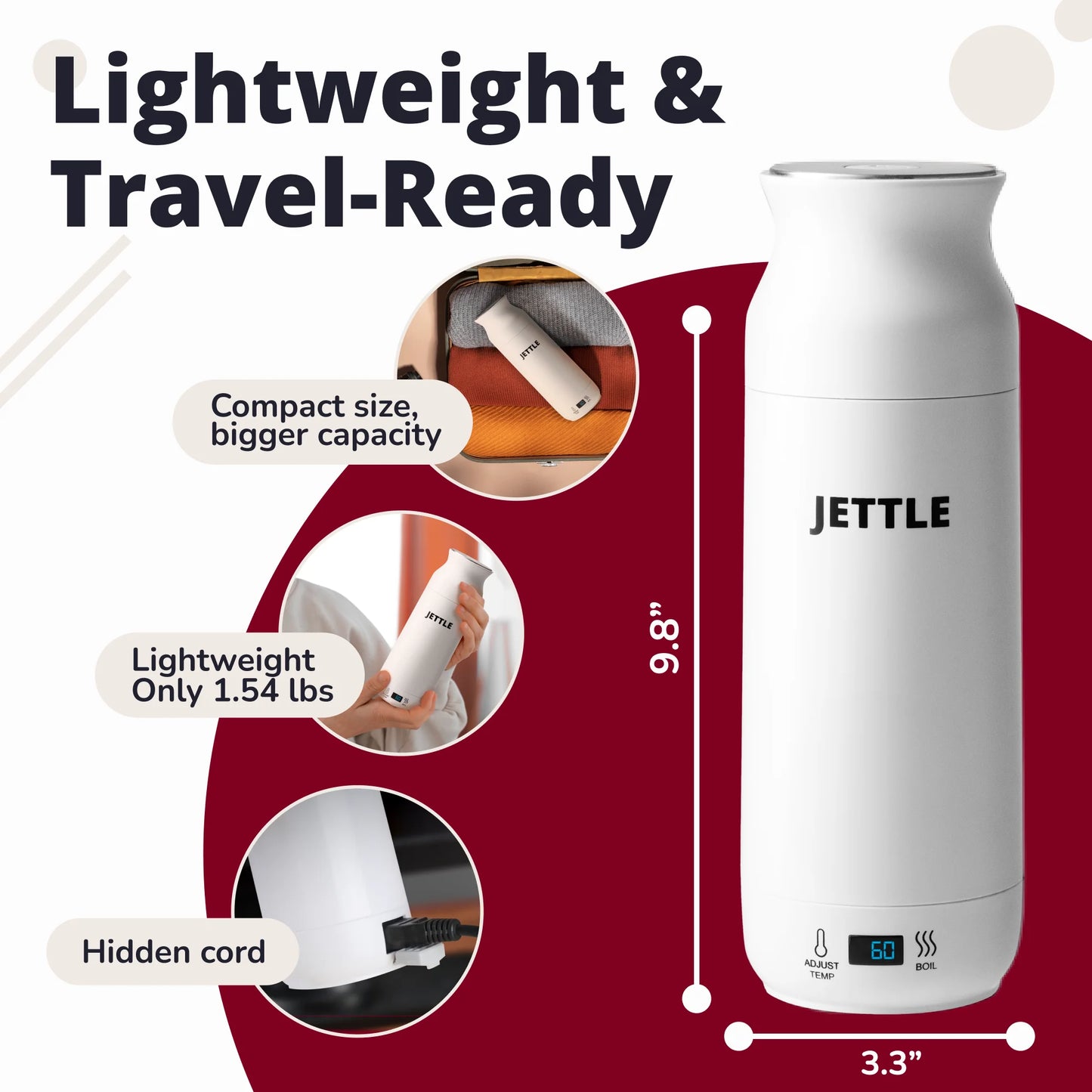 Travel Electric Kettle 450Ml - Portable Bottle-Style Water Heater with Temperature Control & Auto Shut-Off - Stainless Steel for Tea, Coffee & Soup - White