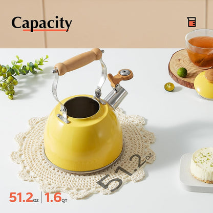 Tea Kettle, Tea Pot with Cool Touch Ergonomic Handle, Teapot Food Grade Stainless Steel, Tea Kettle Stovetop, Kettle Teapot, Whistling Tea Kettle, Small Tea Kettles, 1.6 Quart (Yellow)