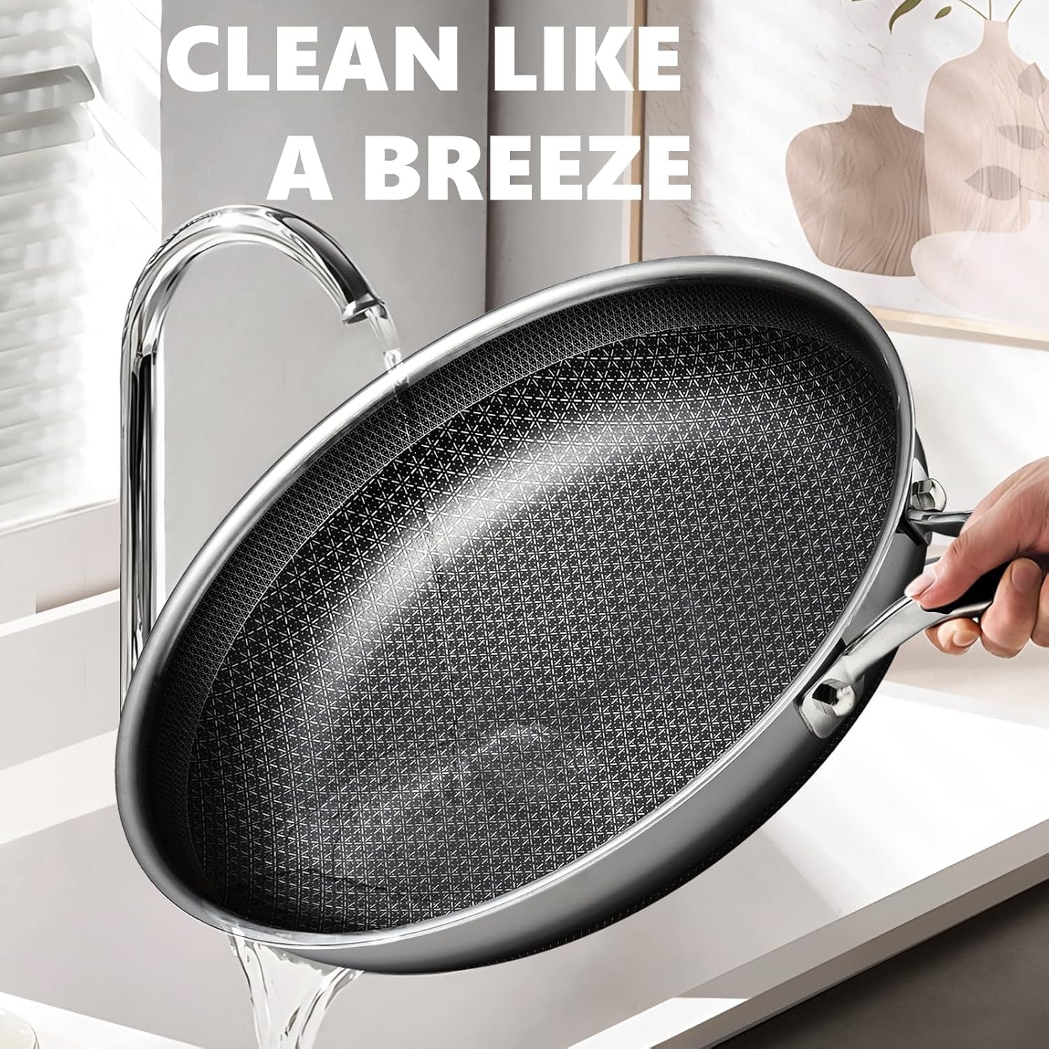 Non Stick Frying Pans 12 Inch, Hybrid Frying Skillets Nonstick with Lid,Non Stick Stainless Steel Pans, Dishwasher and Oven-Safe Chef Pan, Induction Compatible Cooking Pan, PFOA Free Cookware