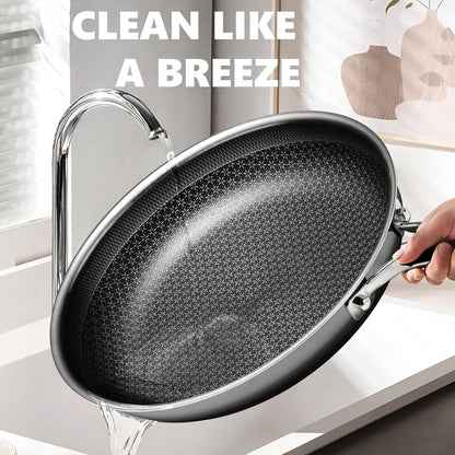 Non Stick Frying Pans 12 Inch, Hybrid Frying Skillets Nonstick with Lid,Non Stick Stainless Steel Pans, Dishwasher and Oven-Safe Chef Pan, Induction Compatible Cooking Pan, PFOA Free Cookware