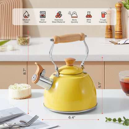 Tea Kettle, Tea Pot with Cool Touch Ergonomic Handle, Teapot Food Grade Stainless Steel, Tea Kettle Stovetop, Kettle Teapot, Whistling Tea Kettle, Small Tea Kettles, 1.6 Quart (Yellow)