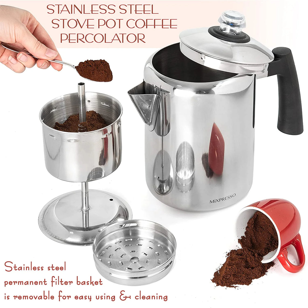 Stainless Steel Coffee Percolator Stovetop, Percolator Coffee Pot, Excellent for Camping Coffee Pot, 37Oz 5-8 Cup Stove Top Coffee Maker, Stainless Steel Coffee Percolator