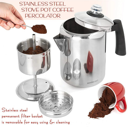 Stainless Steel Coffee Percolator Stovetop, Percolator Coffee Pot, Excellent for Camping Coffee Pot, 37Oz 5-8 Cup Stove Top Coffee Maker, Stainless Steel Coffee Percolator