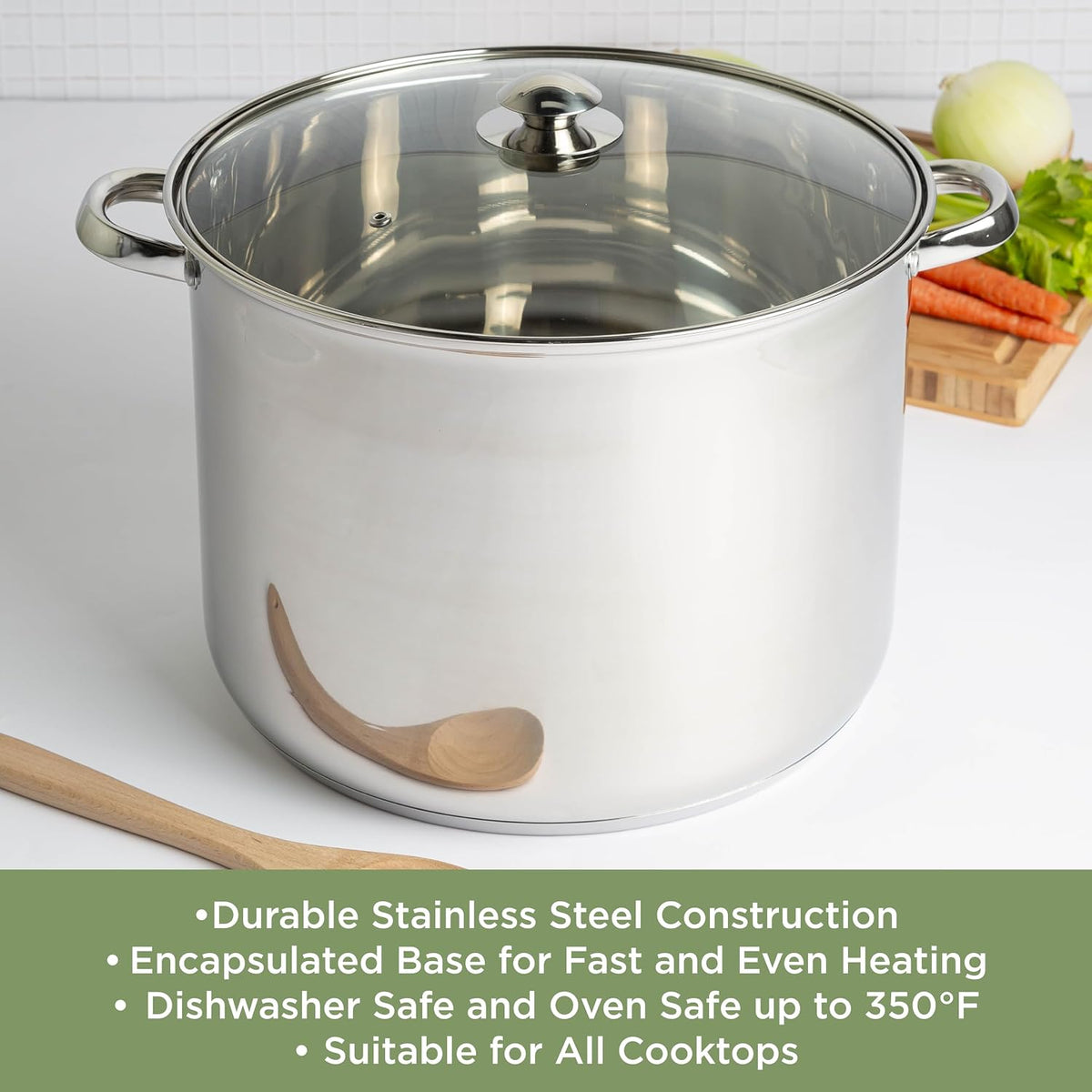 Stainless Steel Stock Pot, Encapsulated Induction Ready Cooking Pot with Glass Lid, Oven Safe, Dishwasher Safe Soup Pot, 24-Quart