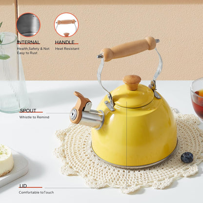 Tea Kettle, Tea Pot with Cool Touch Ergonomic Handle, Teapot Food Grade Stainless Steel, Tea Kettle Stovetop, Kettle Teapot, Whistling Tea Kettle, Small Tea Kettles, 1.6 Quart (Yellow)