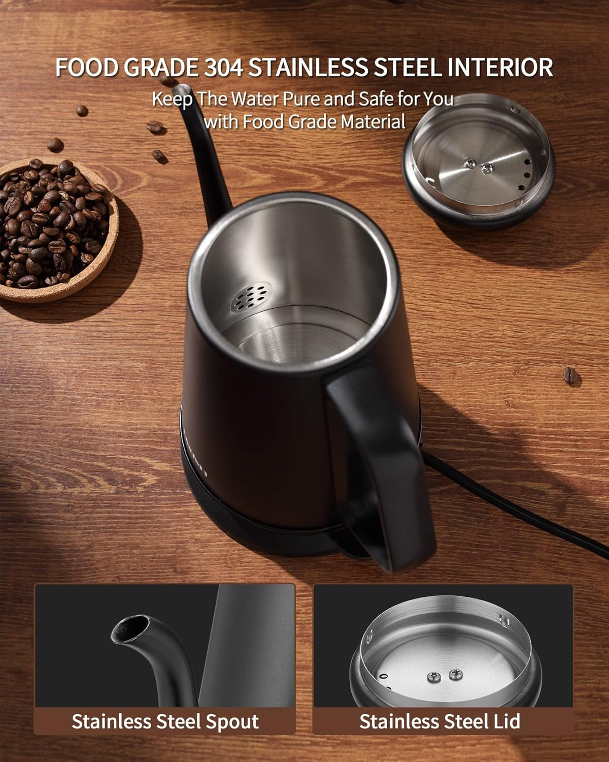 Gooseneck Electric Kettle(1.0L),1000W Electric Tea Kettle of 304 Stainless Steel,Auto Shut Off,Water Kettle for Coffee and Tea -Matte Black